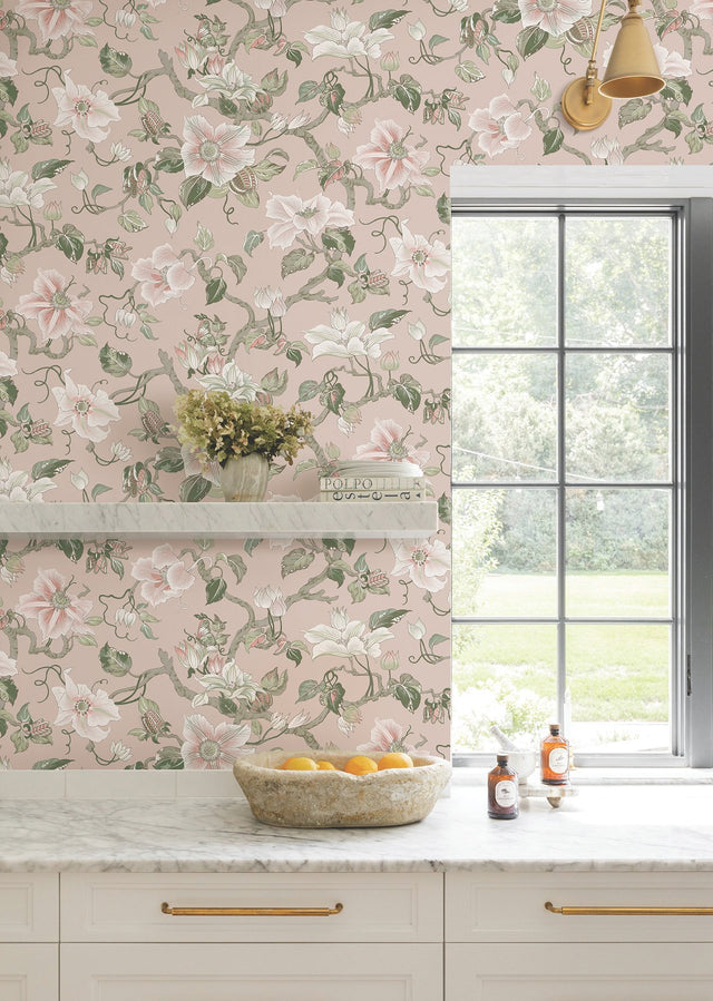 Marguerite Vine Blush Wallpaper with Vintage Floral Jacobean Pattern - York GT4511