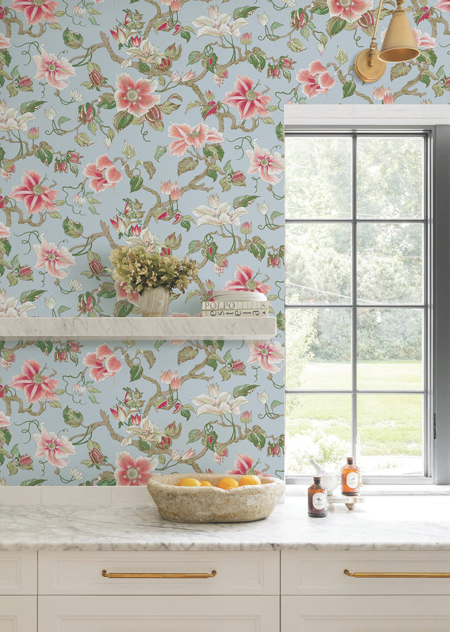Marguerite Vine Blue Wallpaper with Vintage Floral Jacobean Pattern - York GT4512
