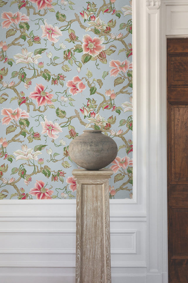 Marguerite Vine Blue Wallpaper with Vintage Floral Jacobean Pattern - York GT4512