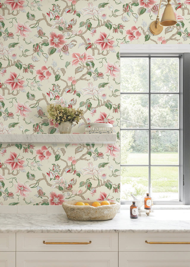 Marguerite Vine Cream Wallpaper with Vintage Floral Jacobean Pattern - York GT4513