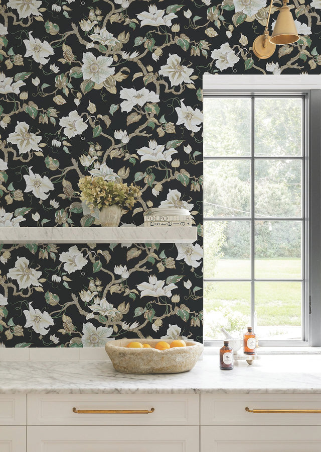 Marguerite Vine Black Vintage Floral Wallpaper - York GT4514