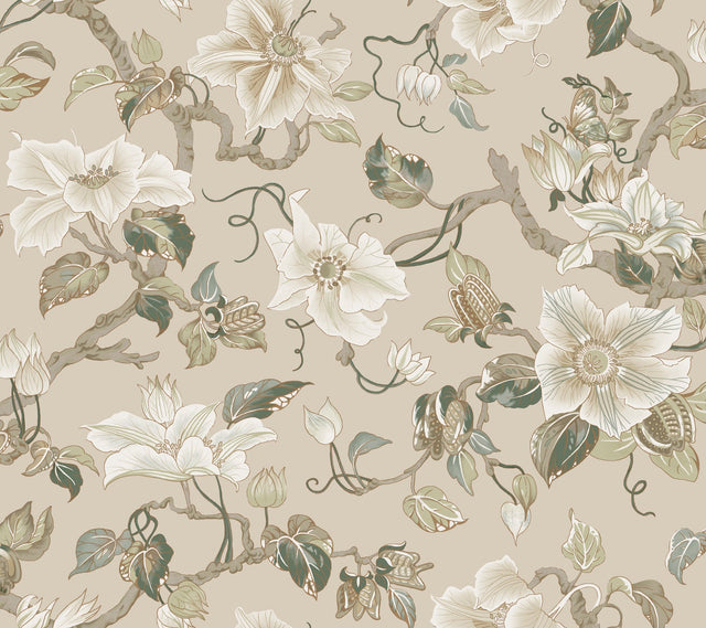 Marguerite Vine Taupe Wallpaper with Vintage Floral Jacobean Pattern - York GT4516