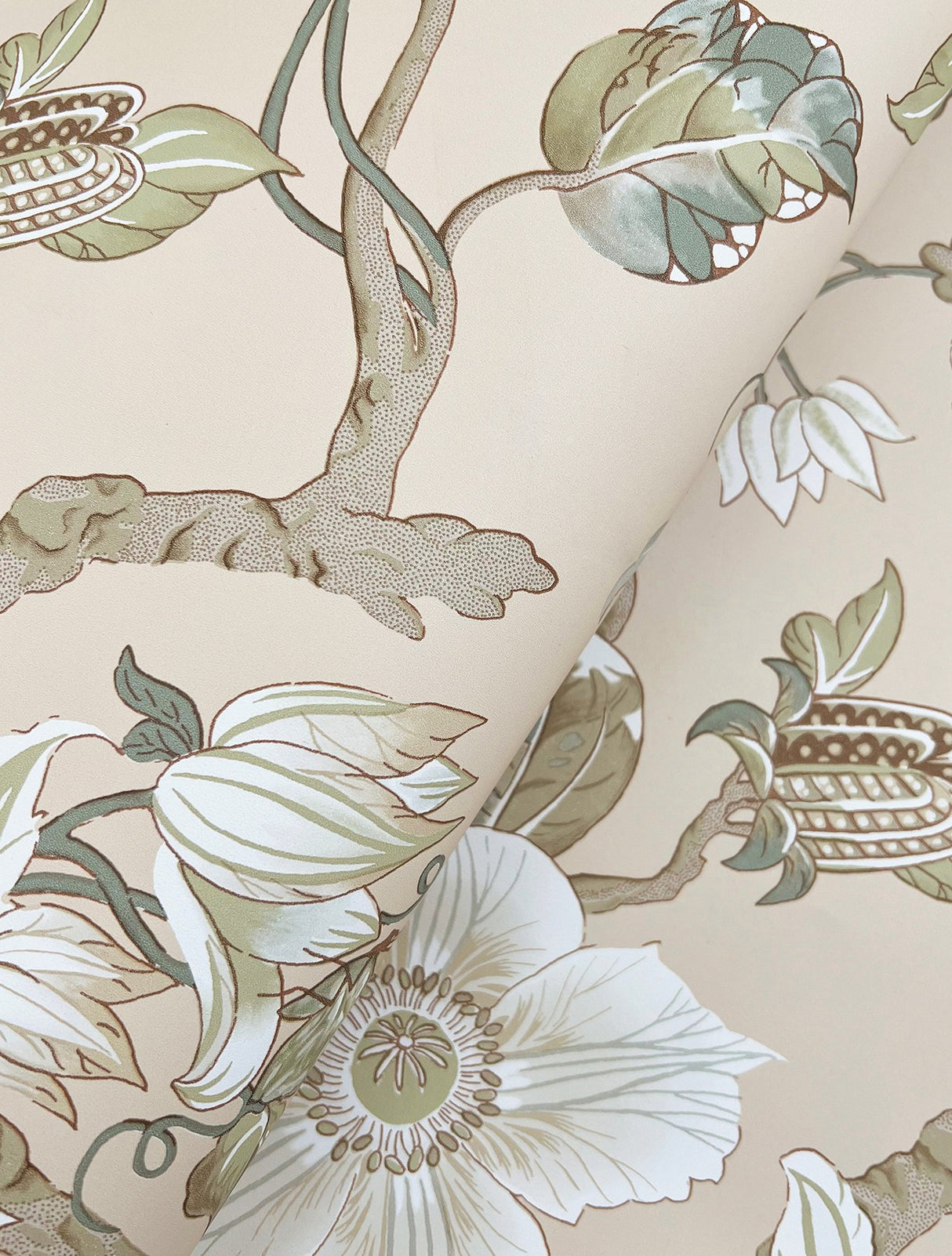 Marguerite Vine Taupe Wallpaper with Vintage Floral Jacobean Pattern - York GT4516