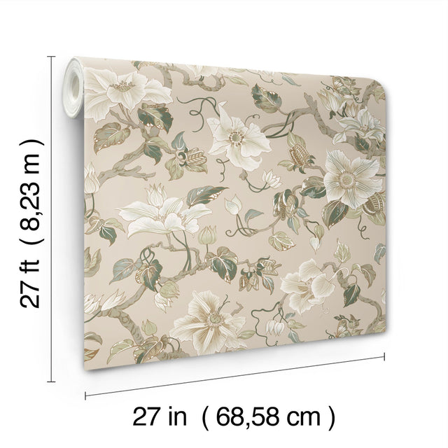 Marguerite Vine Taupe Wallpaper with Vintage Floral Jacobean Pattern - York GT4516