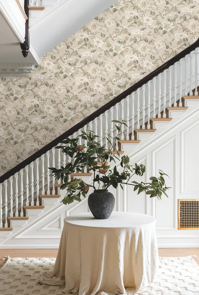 Marguerite Vine Taupe Wallpaper with Vintage Floral Jacobean Pattern - York GT4516