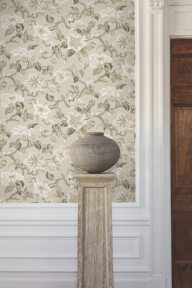 Marguerite Vine Taupe Wallpaper with Vintage Floral Jacobean Pattern - York GT4516