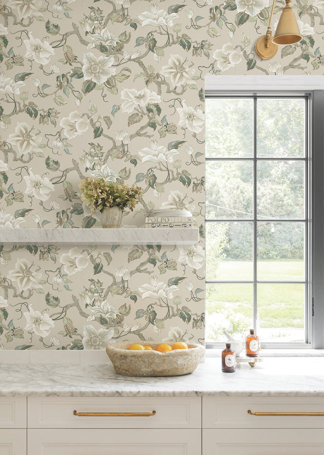 Marguerite Vine Taupe Wallpaper with Vintage Floral Jacobean Pattern - York GT4516