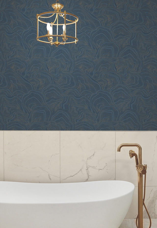 Geodes Navy Wallpaper with Metallic Raised Ink Bohemian Eclectic Pattern - York GT4527