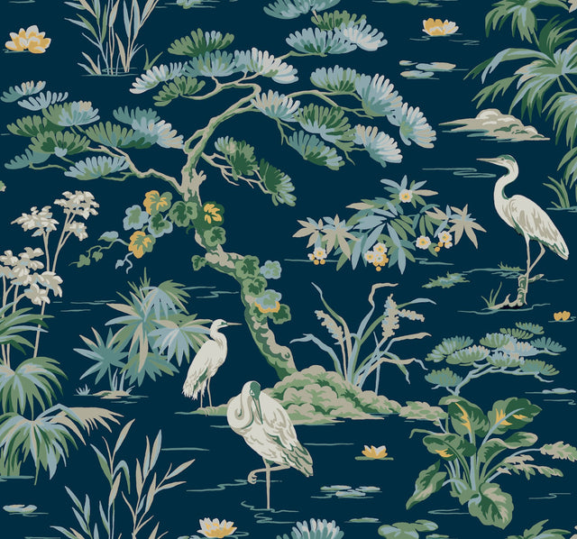 Bridgewater Navy Wallpaper with Traditional Botanical Asian Crane Motif - York GT4531