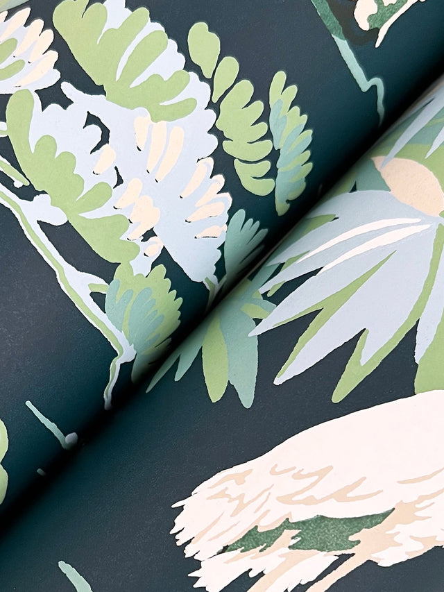 Bridgewater Navy Wallpaper with Traditional Botanical Asian Crane Motif - York GT4531