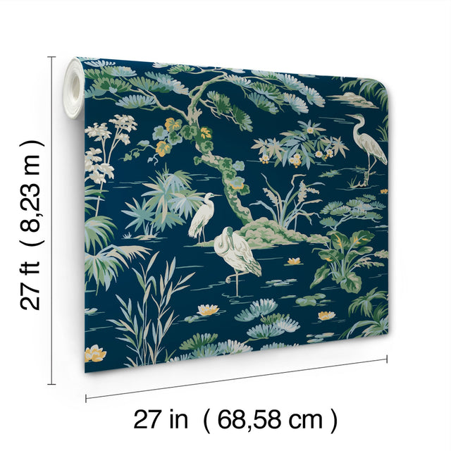 Bridgewater Navy Wallpaper with Traditional Botanical Asian Crane Motif - York GT4531