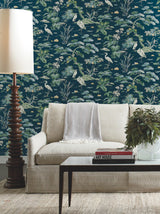 Bridgewater Navy Wallpaper with Traditional Botanical Asian Crane Motif - York GT4531