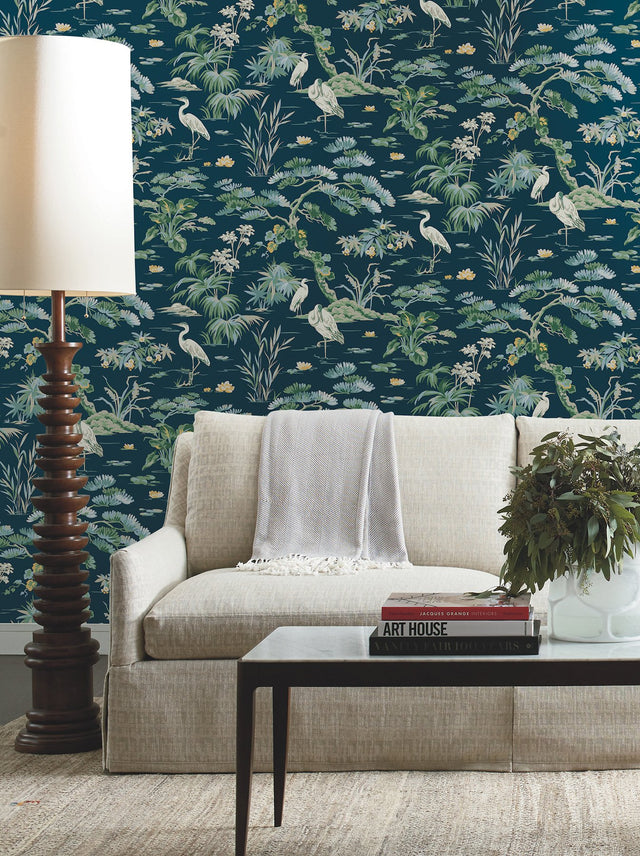 Bridgewater Navy Wallpaper with Traditional Botanical Asian Crane Motif - York GT4531
