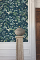 Bridgewater Navy Wallpaper with Traditional Botanical Asian Crane Motif - York GT4531