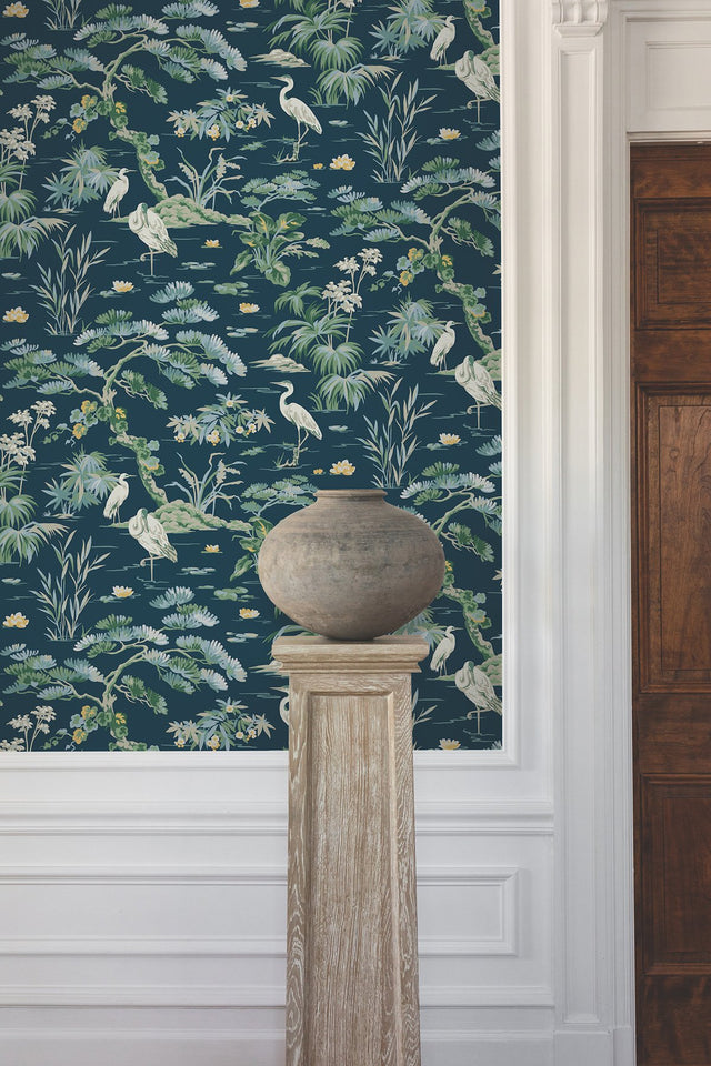 Bridgewater Navy Wallpaper with Traditional Botanical Asian Crane Motif - York GT4531