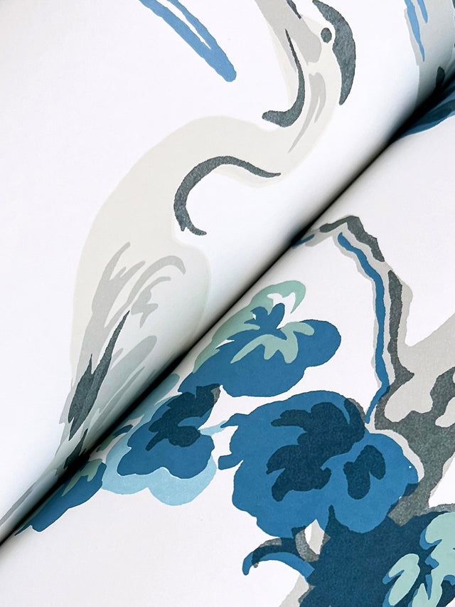 Bridgewater White Wallpaper with Blue Asian Crane Botanical Motif - York GT4533