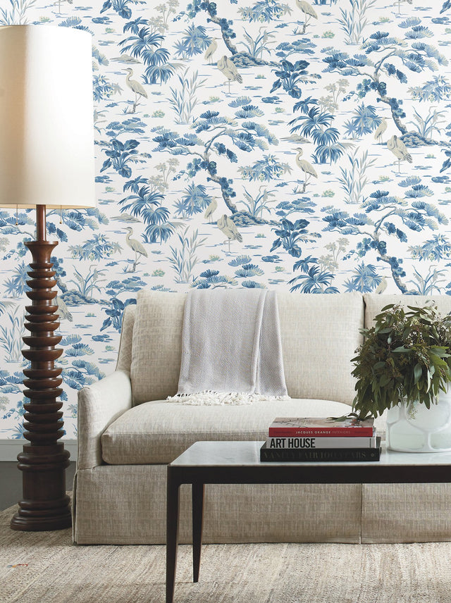 Bridgewater White Wallpaper with Blue Asian Crane Botanical Motif - York GT4533