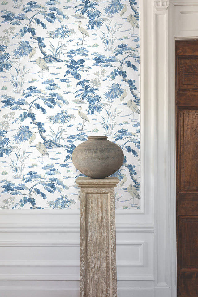Bridgewater White Wallpaper with Blue Asian Crane Botanical Motif - York GT4533