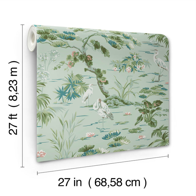 Bridgewater Mint Wallpaper with Asian Wetlands Crane Motif - York GT4534