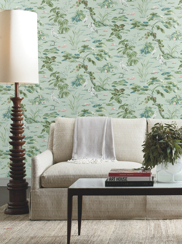 Bridgewater Mint Wallpaper with Asian Wetlands Crane Motif - York GT4534