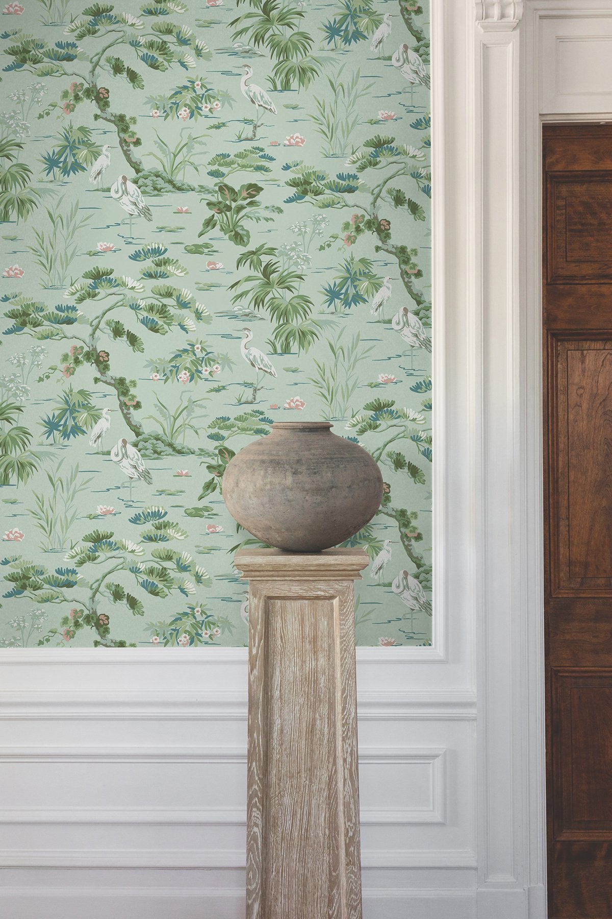 Bridgewater Mint Wallpaper with Asian Wetlands Crane Motif - York GT4534