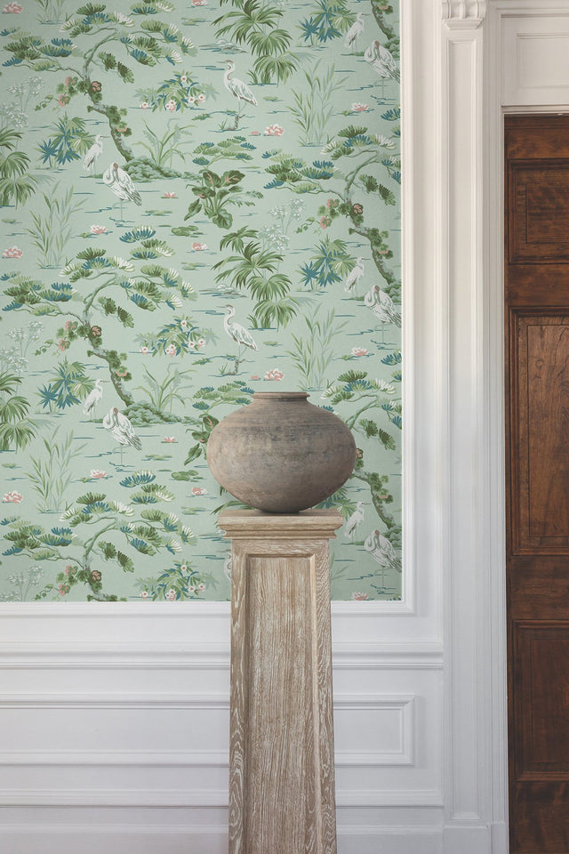 Bridgewater Mint Wallpaper with Asian Wetlands Crane Motif - York GT4534