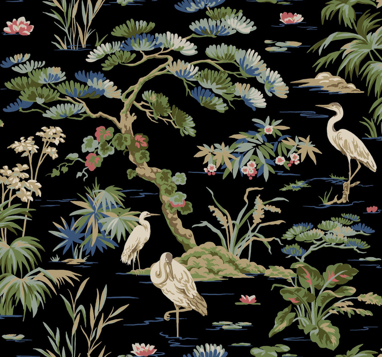 Bridgewater Black Wallpaper with Asian Crane Botanical Motif - York GT4535