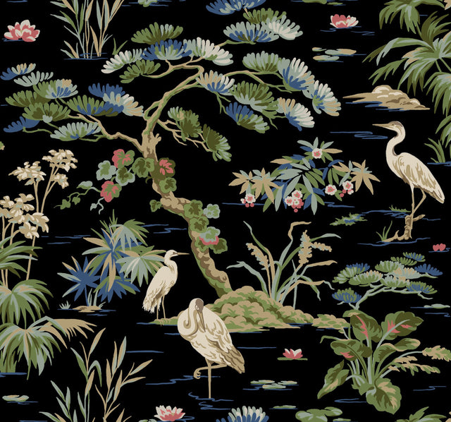 Bridgewater Black Wallpaper with Asian Crane Botanical Motif - York GT4535