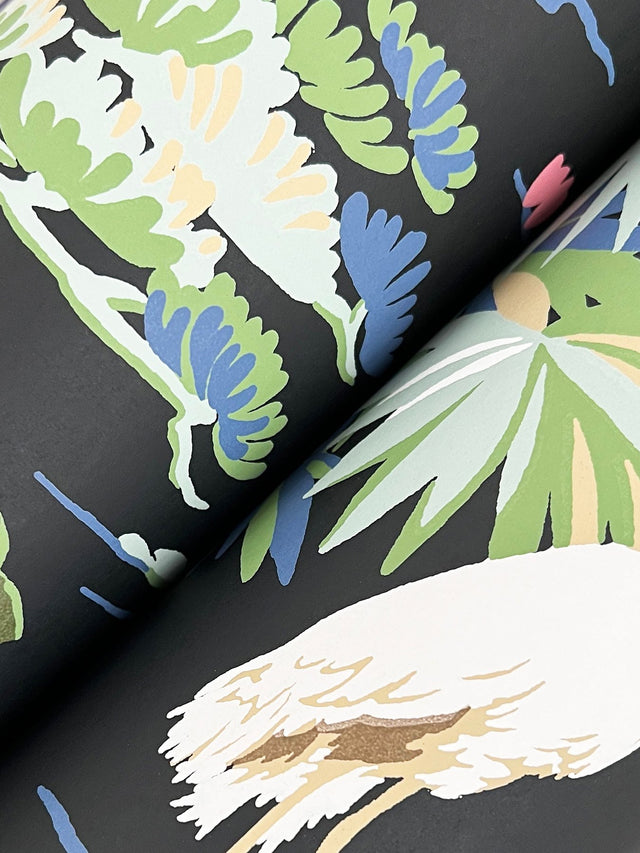 Bridgewater Black Wallpaper with Asian Crane Botanical Motif - York GT4535