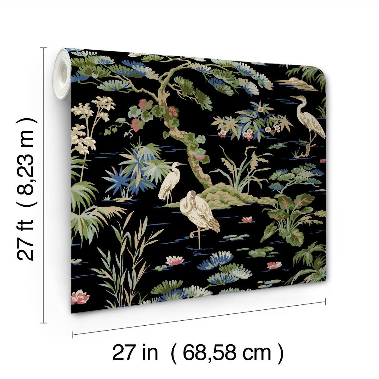Bridgewater Black Wallpaper with Asian Crane Botanical Motif - York GT4535