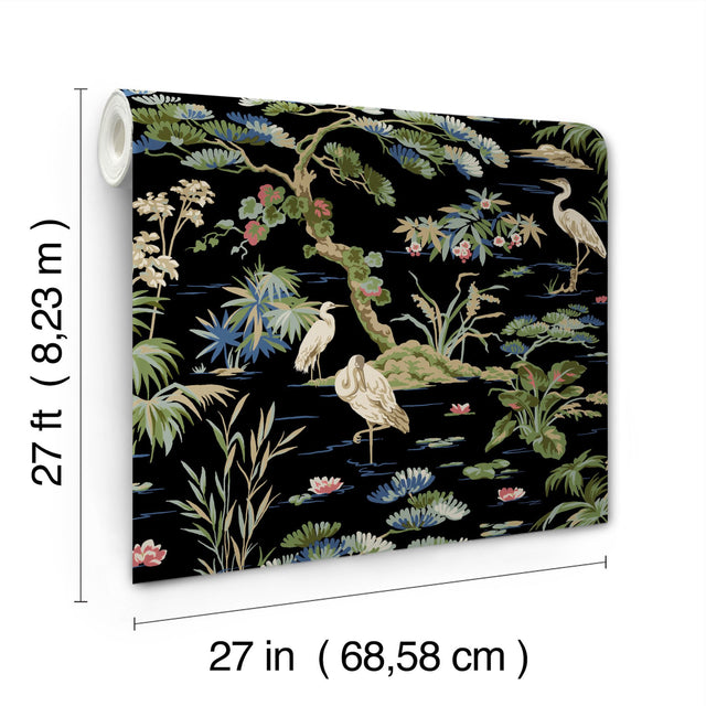 Bridgewater Black Wallpaper with Asian Crane Botanical Motif - York GT4535