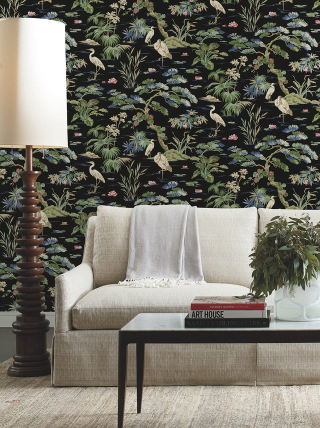 Bridgewater Black Wallpaper with Asian Crane Botanical Motif - York GT4535