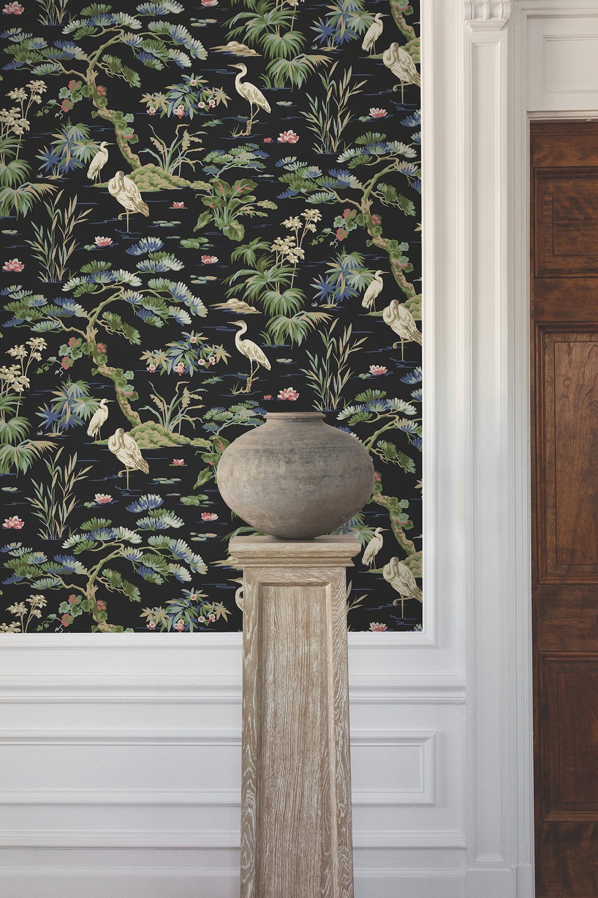 Bridgewater Black Wallpaper with Asian Crane Botanical Motif - York GT4535
