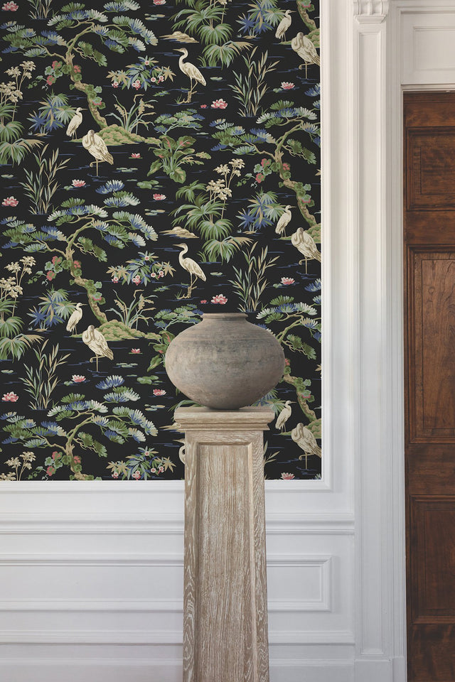 Bridgewater Black Wallpaper with Asian Crane Botanical Motif - York GT4535