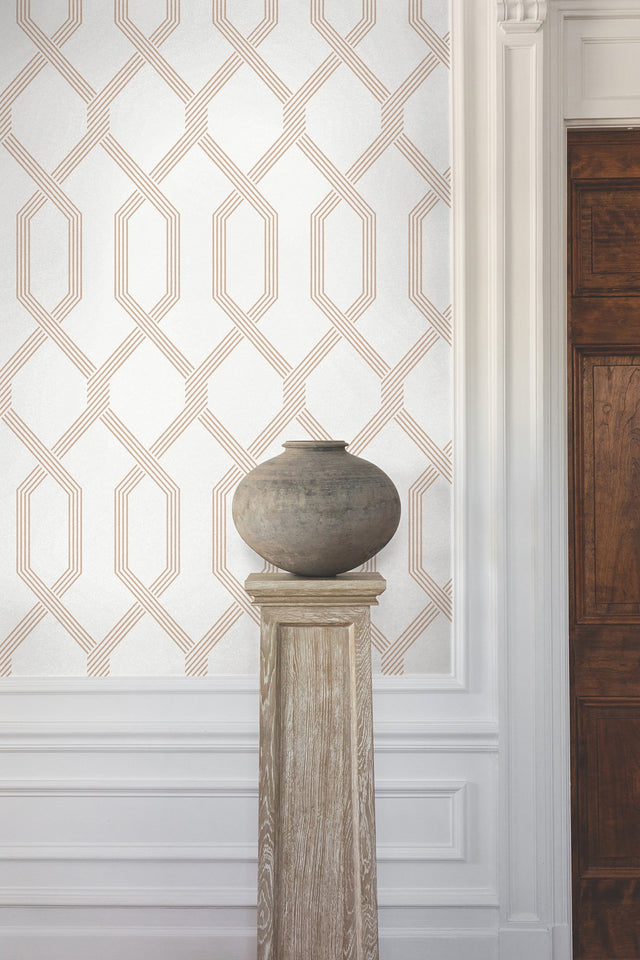 Palisade Coral Wallpaper with Geometric Ribbon Diamond Pattern - York GT4554