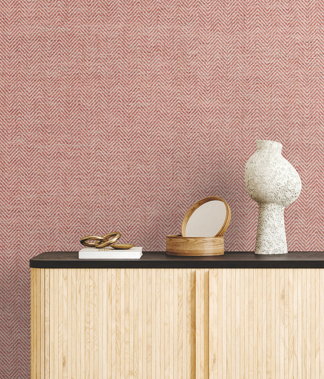 Tailored Weave Red Paper Weave Grasscloth Wallpaper with Herringbone Motif - York GV0192