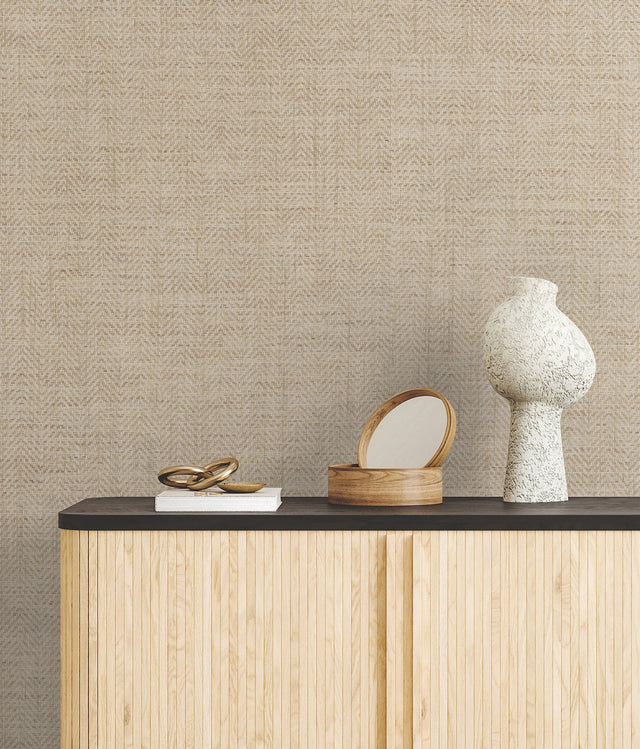 Tailored Weave Camel Wallpaper with Paper Weave Grasscloth Herringbone Texture - York GV0193