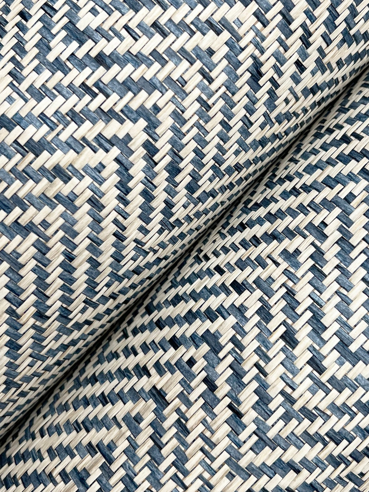 Tailored Weave Blue Grasscloth Wallpaper with Paper Weave Herringbone Motif - York GV0196