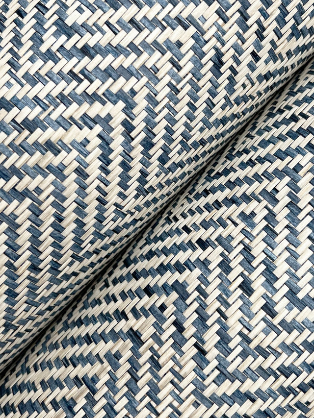 Tailored Weave Blue Grasscloth Wallpaper with Paper Weave Herringbone Motif - York GV0196