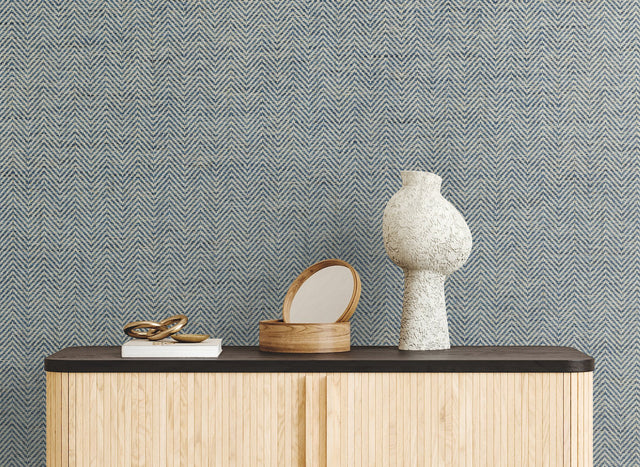 Tailored Weave Blue Grasscloth Wallpaper with Paper Weave Herringbone Motif - York GV0196