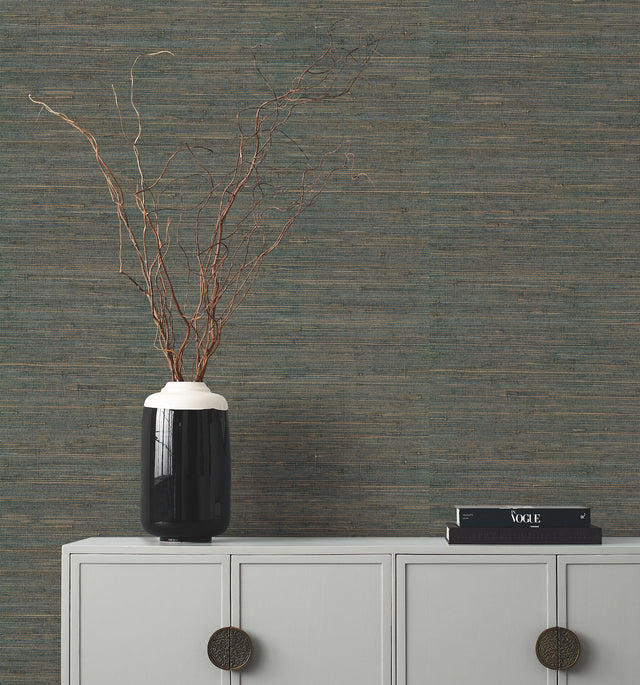 Knotted Grass Dark Teal Grasscloth Wallpaper, Traditional Rustic Texture - York GV0234