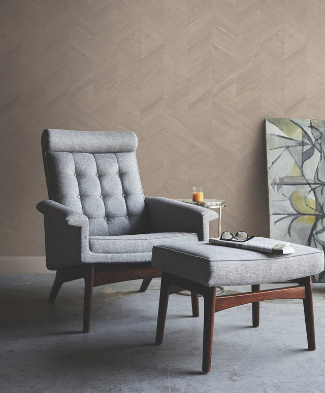 Interlocking Wood Taupe Wallpaper with Wood Veneer Chevron Pattern - York GV0243