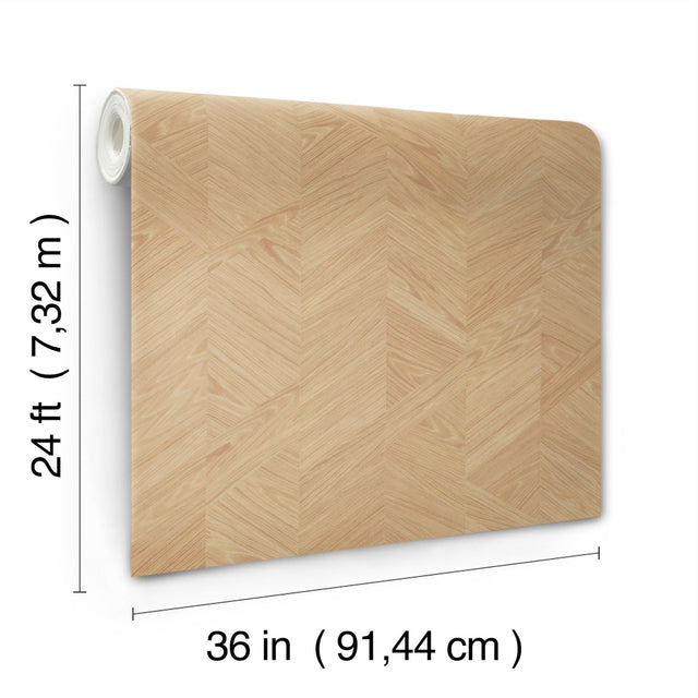 Interlocking Wood Oak Wallpaper with Wood Veneer Chevron Panel Motif - York GV0244