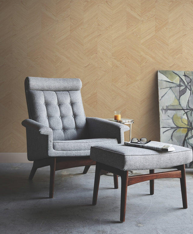 Interlocking Wood Oak Wallpaper with Wood Veneer Chevron Panel Motif - York GV0244