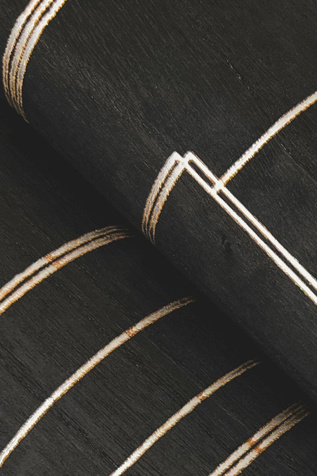 Inlay Line Black Wallpaper with Metallic Wood Veneer Geometric Pattern - York GV0256