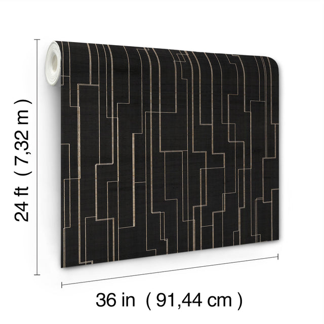 Inlay Line Black Wallpaper with Metallic Wood Veneer Geometric Pattern - York GV0256