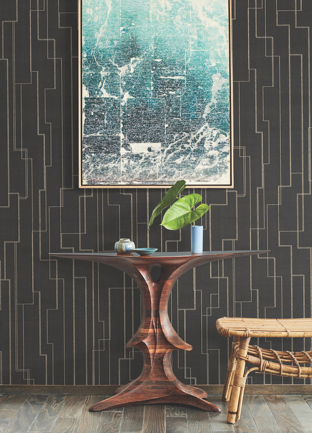 Inlay Line Black Wallpaper with Metallic Wood Veneer Geometric Pattern - York GV0256
