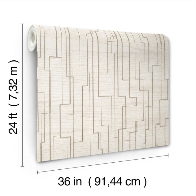 Inlay Line White Wallpaper with Metallic Geometric Inlay on Wood Veneer - York GV0257