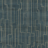 Inlay Line Peacock Blue Wood Veneer Wallpaper with Metallic Geometric Lines - York GV0258