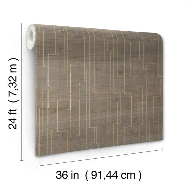 Inlay Line Mink Wallpaper with Metallic Geometric Wood Veneer Pattern - York GV0259
